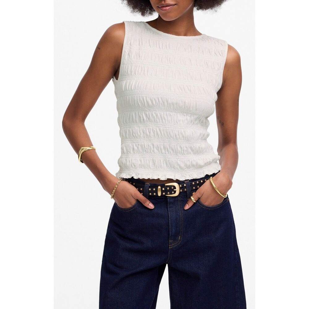 NWT Madwell Smocked Sleeveless Tank Top White Ruffle Hem